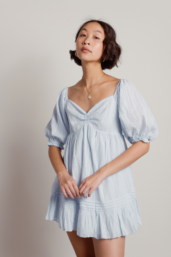 A Day in Paris Light Blue Square Neck Puff Sleeve Babydoll Dress