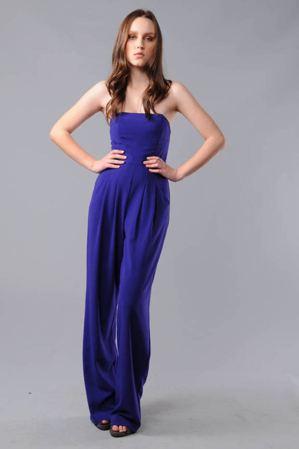 purple strapless jumpsuit