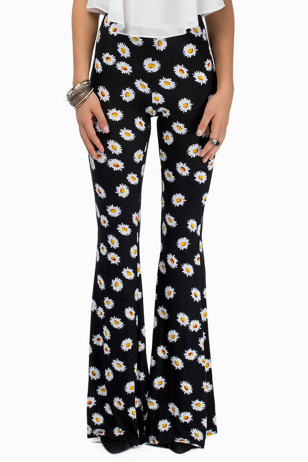 Lovely Black Pants - Flared Daisy Pants - Black Flower Pants - $62