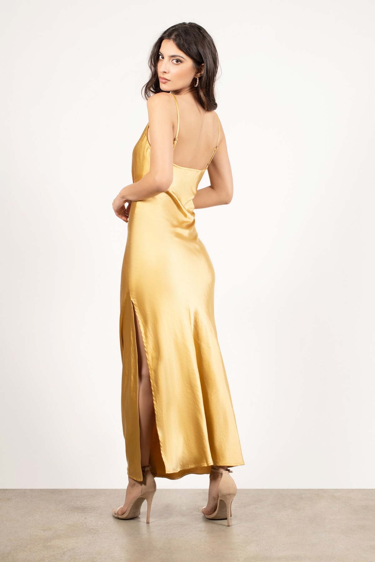 This Moment Cowl Neck Satin Maxi Dress in Gold - $118 | Tobi US