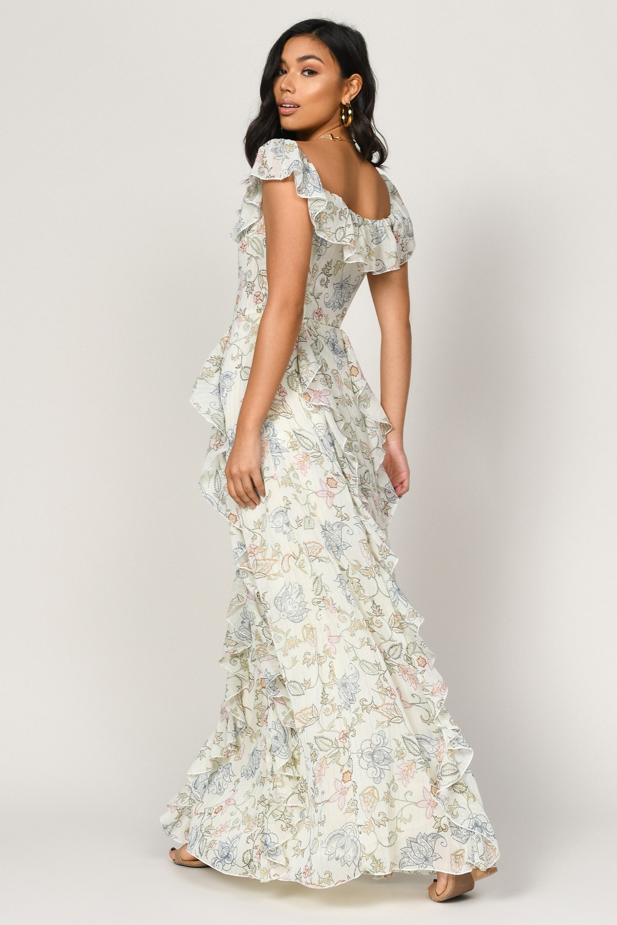 Layna Off Shoulder Ruffle Maxi Dress In Ivory Multi 79 Tobi Us