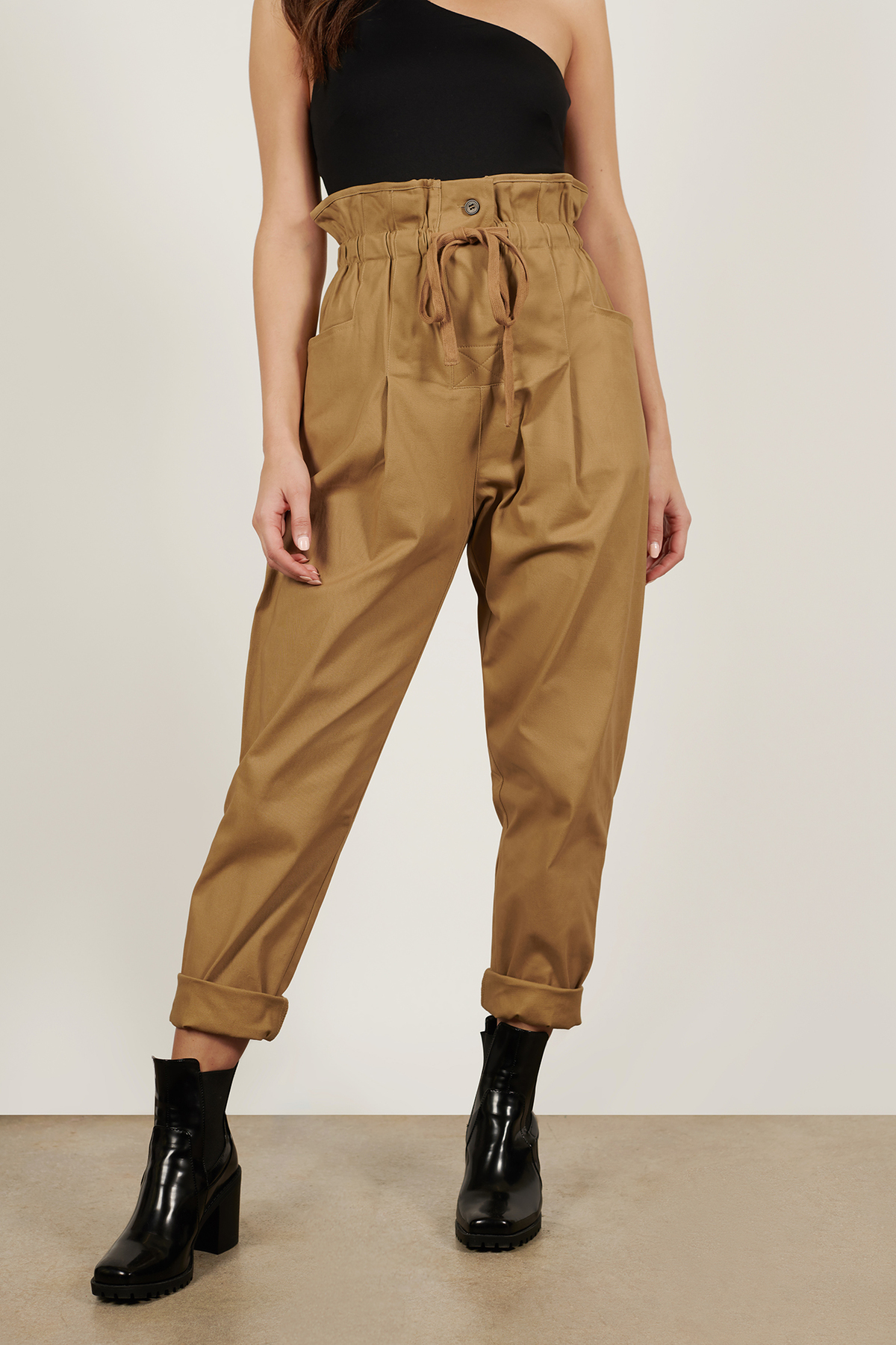 khaki green paperbag trousers