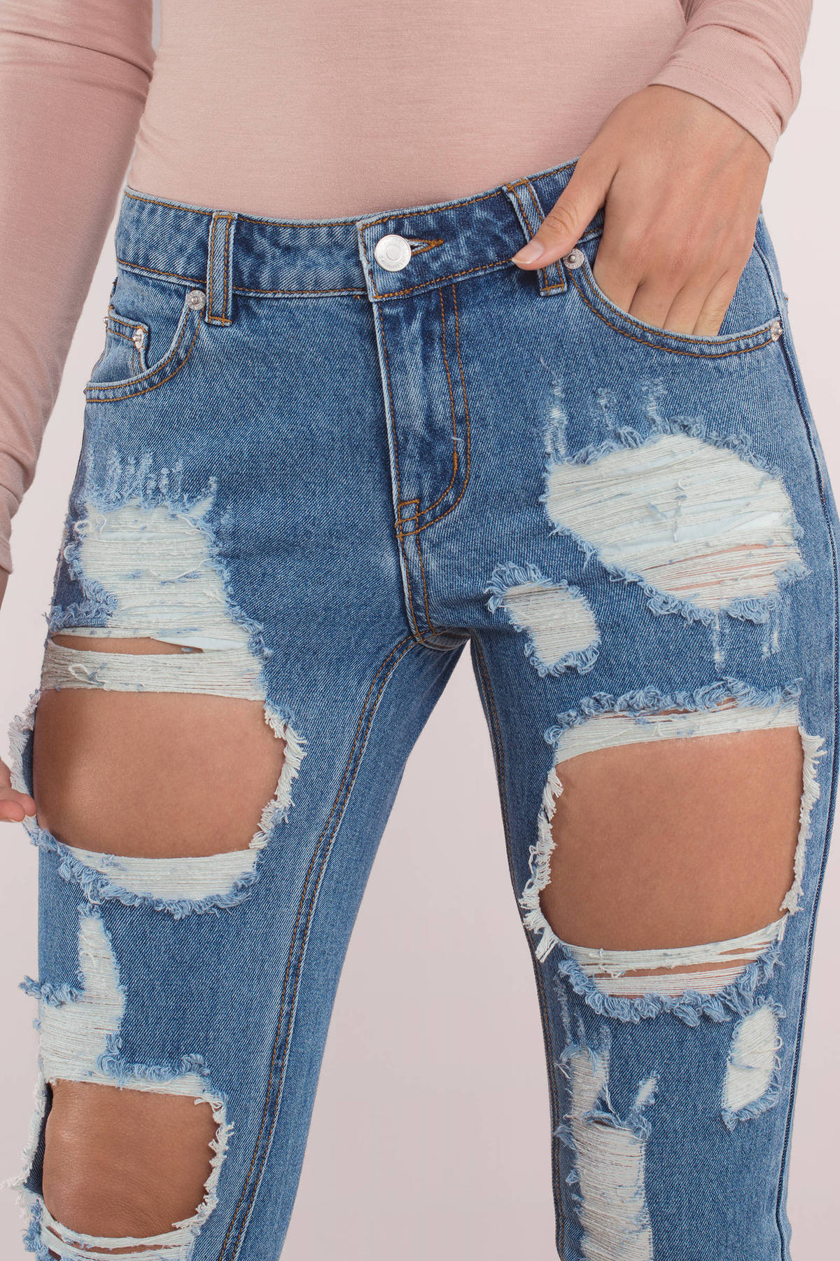 Rip To Shreds Distressed Denim Pants in Medium Wash - $21 | Tobi US