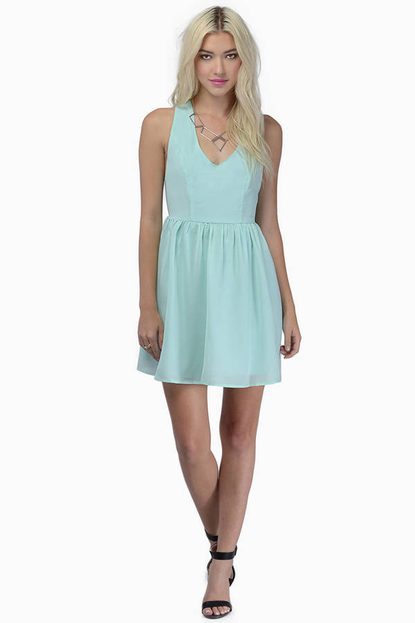 Cream Skater Dress - Green Dress - Deep V Dress - Sea White Dress - $8 ...