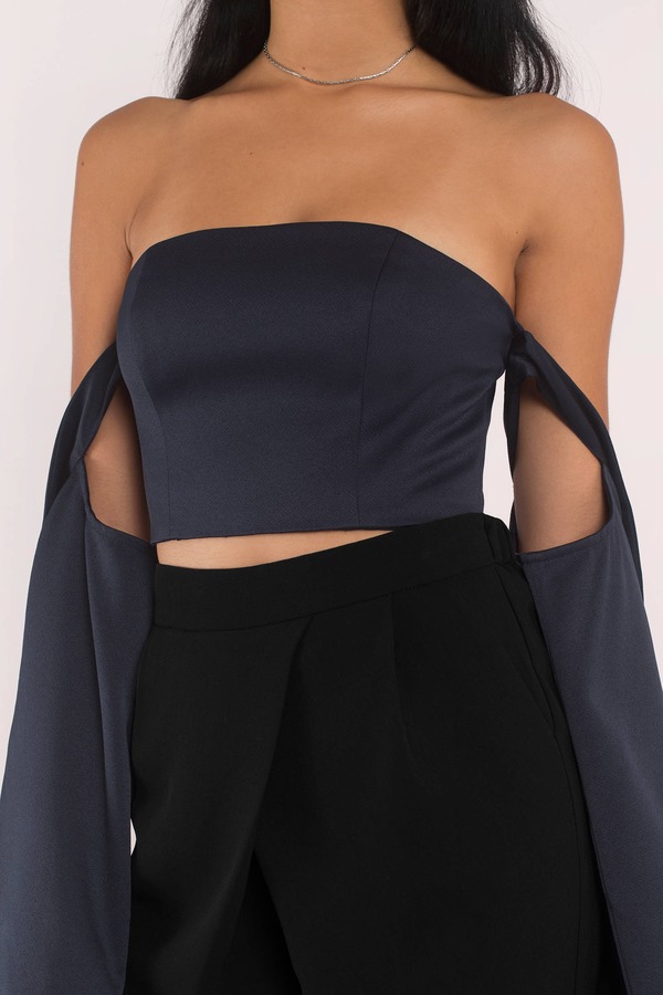 Sexy Navy Crop Top - Off Shoulder Top - Bell Sleeve Crop ...