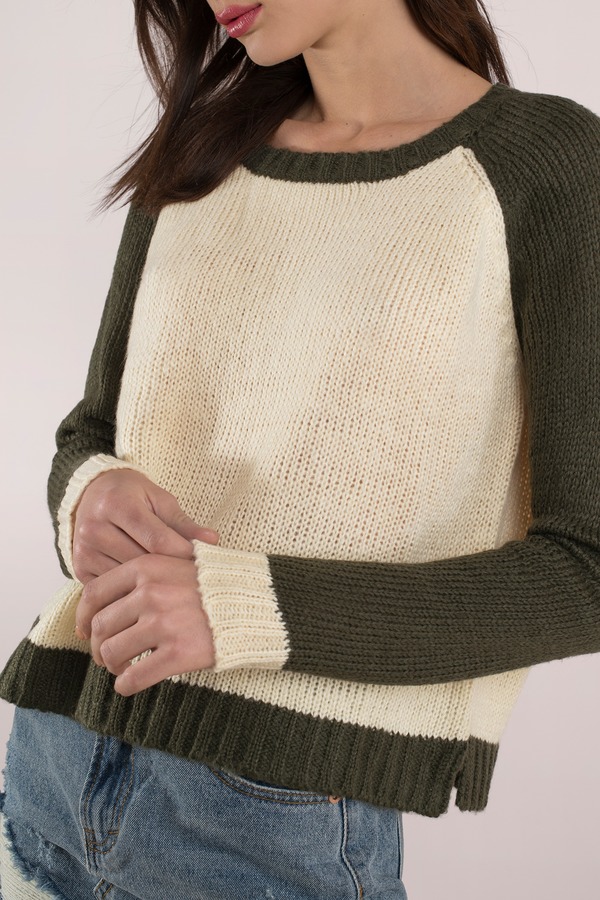 Trendy Green Sweater - Long Sleeve Sweater - Olive & Cream Sweater ...