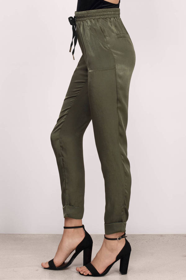 Olive Green Pants - Drawstring Pants - Satin Pants - Olive Casual Pants ...