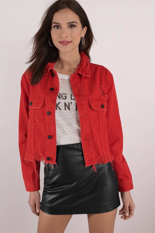 red cropped jean jacket