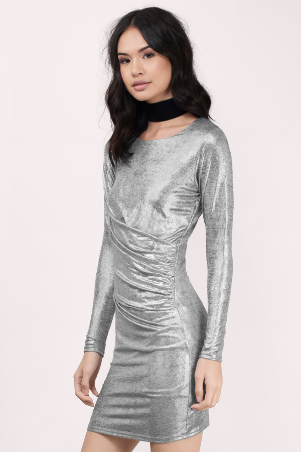 silver metallic dress long sleeve