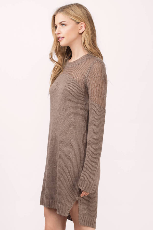 Cute Taupe Dress - Long Sleeve Dress - Dark Teal Sweater - Taupe ...