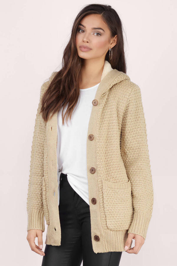 Taupe Cardigan - Hooded Cardigan - Button Up Cardigan - Sherpa ...