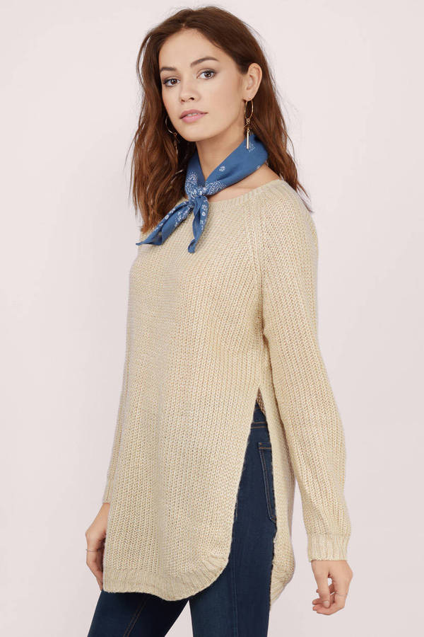 Cute Beige Sweater - Side Split Top - Beige Curved Hem Sweater - $16 ...