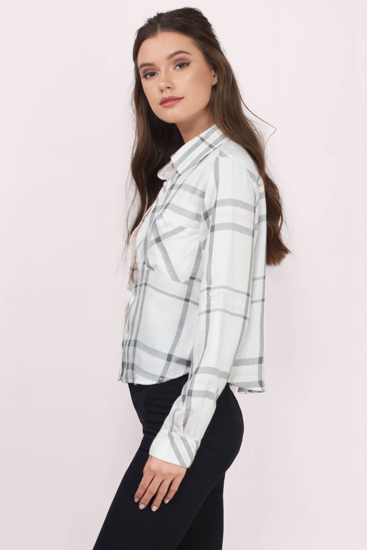 My Way Plaid Button Down Long Sleeve Top In White 66 Tobi Us