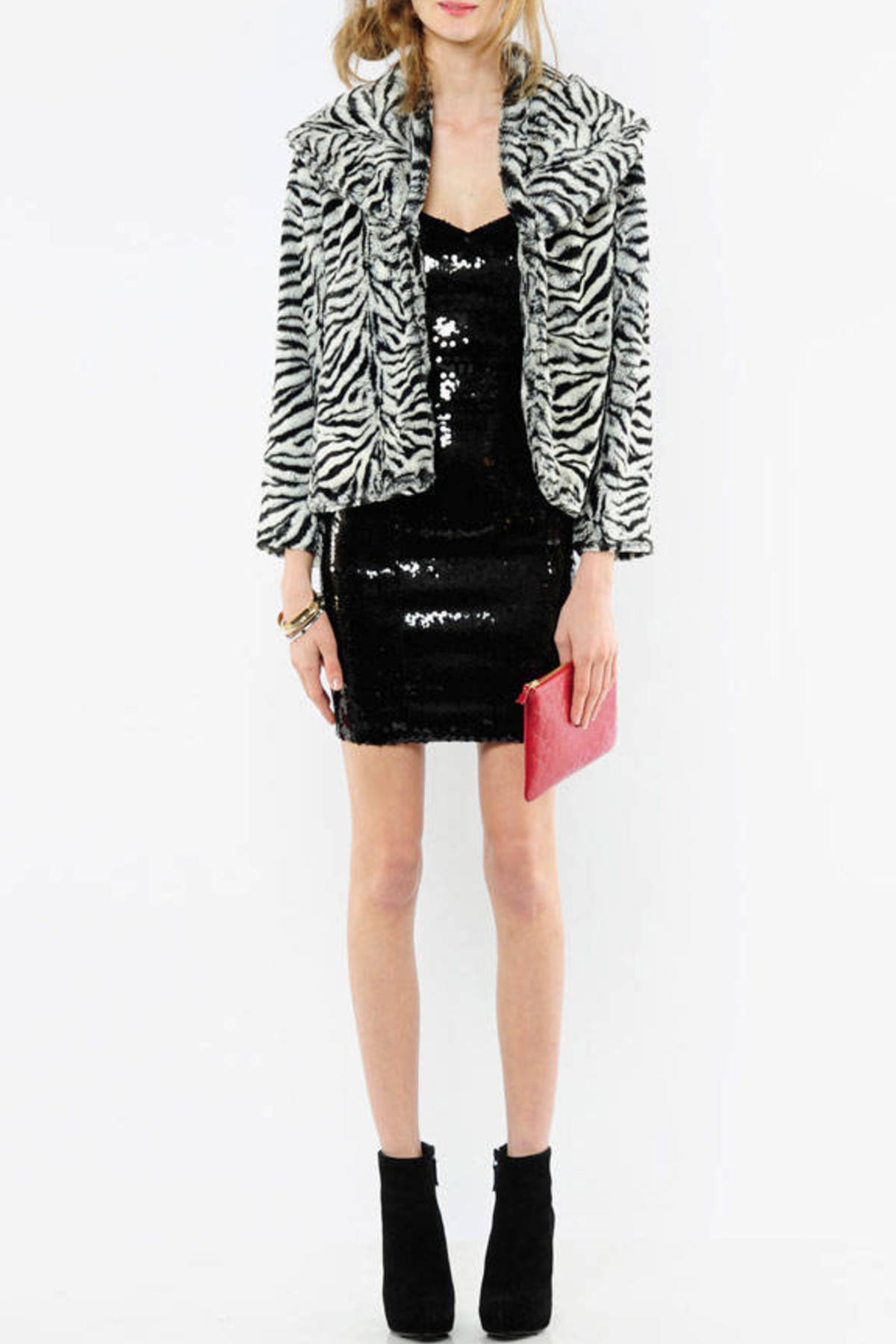 Faux Fur Shawl Collar Jacket in Zebra Print - $128 | Tobi US