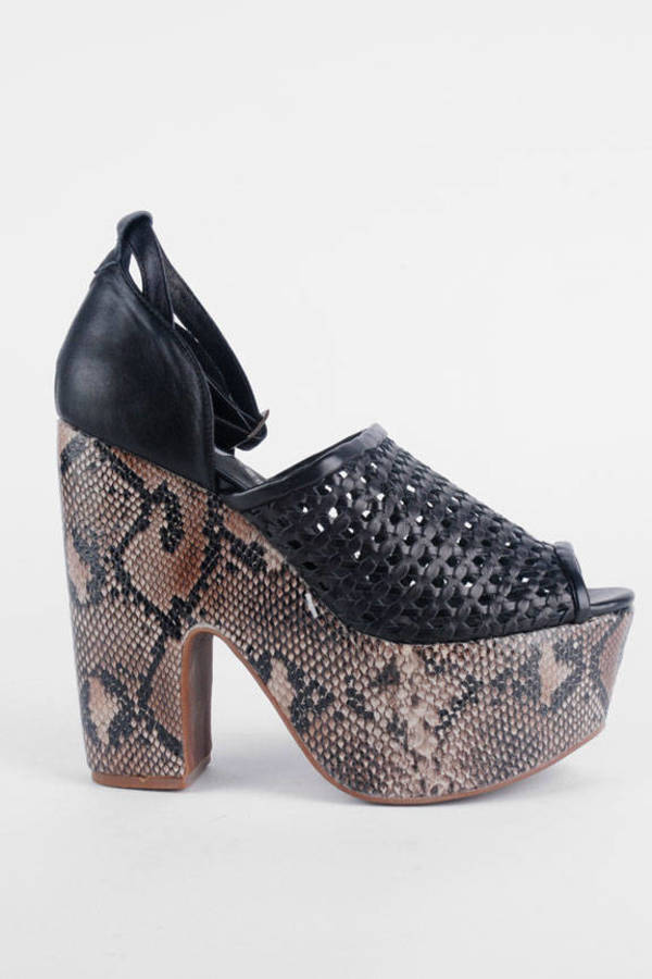 Studio Woven Platform Heels in Black and Snake - $48 | Tobi US