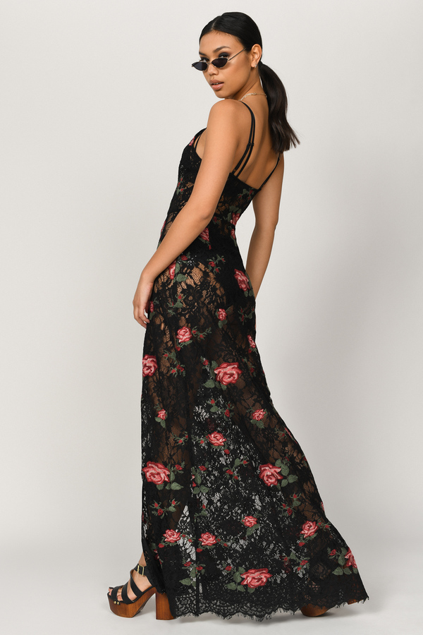Trendy Black Maxi Dress - Bohemian Floral Dress - Black Lace Dress ...