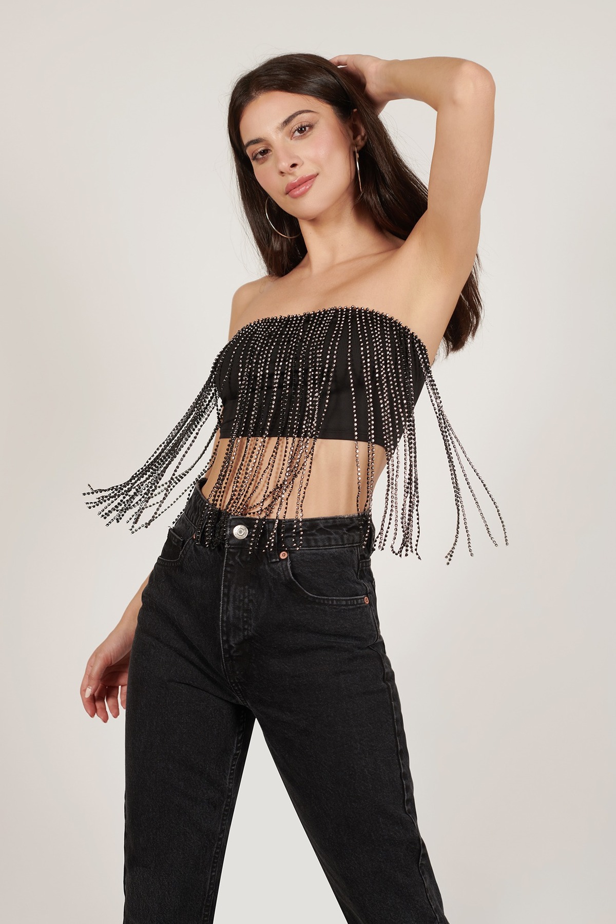 Drippin Glam Rhinestone Fringe Tube Top In Black - $39 | Tobi US