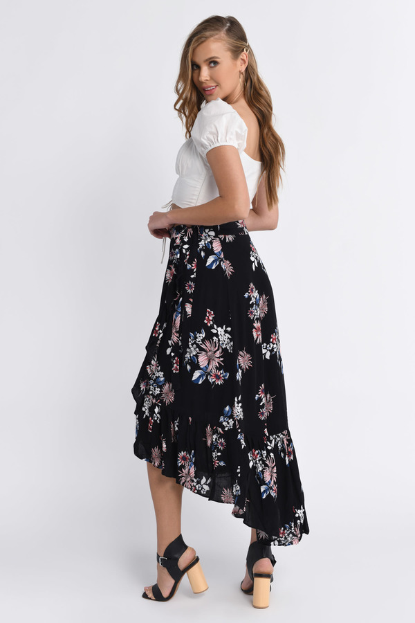 Black Skirt - Floral Print Maxi Skirt - Black High Low Skirt - $42 ...