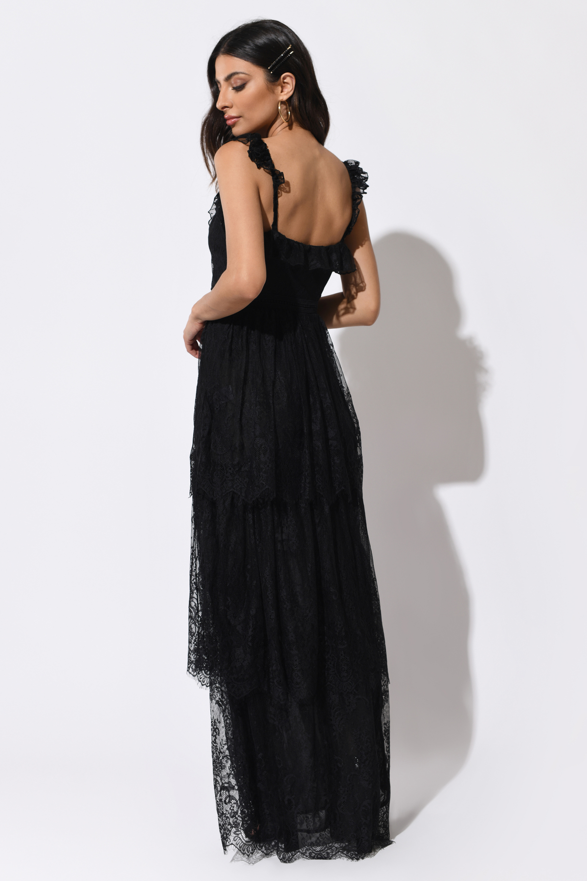 Luna 3-Tier Ruffle Lace Maxi Dress in Black - $76 | Tobi US