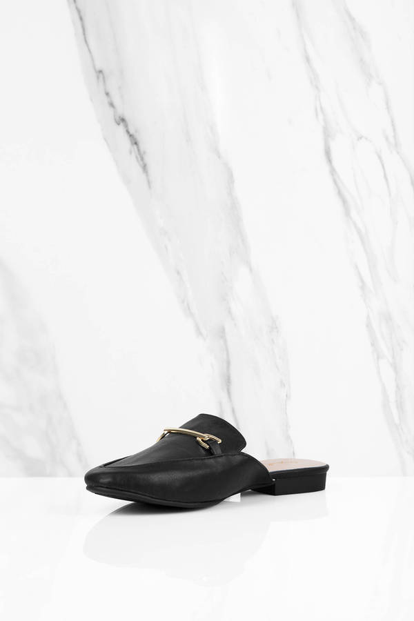 Black Flats - Round Toe Buckled Shoes - Black Slide On Mules - $25 ...