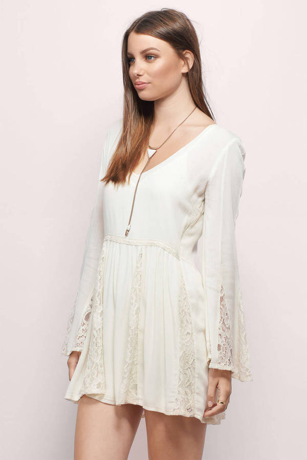 Cream Casual Dress - Lace Paneled Skater Dress - Cream Sheer Dress ...