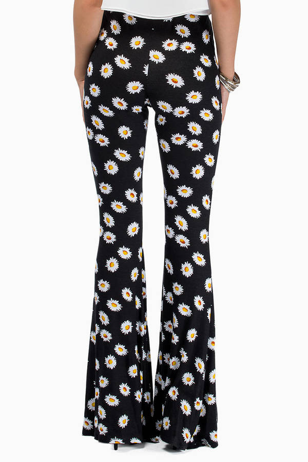 Lovely Black Pants - Flared Daisy Pants - Black Flower Pants - $62