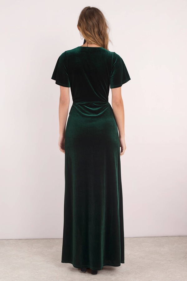 Green Maxi Dress - Velvet Holiday Dress - Green Plunging Maxi Dress ...