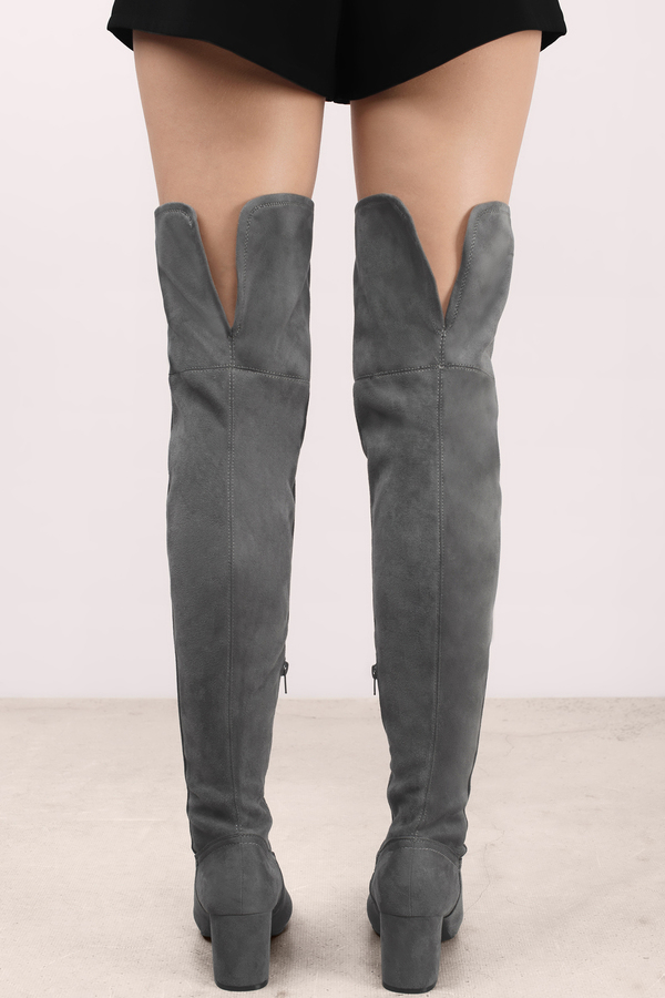 grey thigh high heel boots