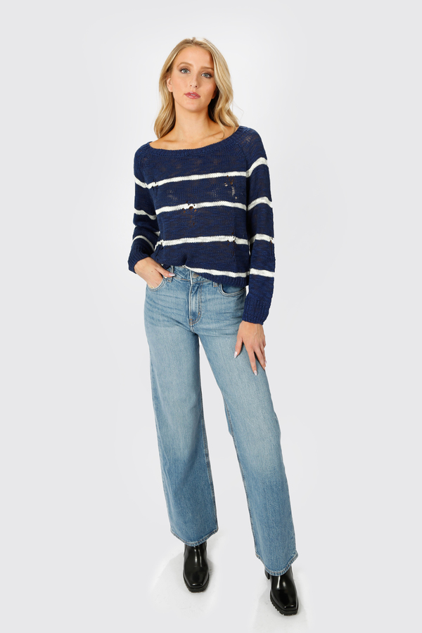 Navy & Ivory Sweater - Boat Neck Sweater - Blue Striped Sweater ...