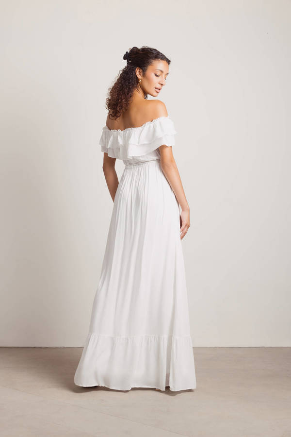 Del Mar Ruffle Off Shoulder Tassel Maxi Dress in Off White - $43 | Tobi US