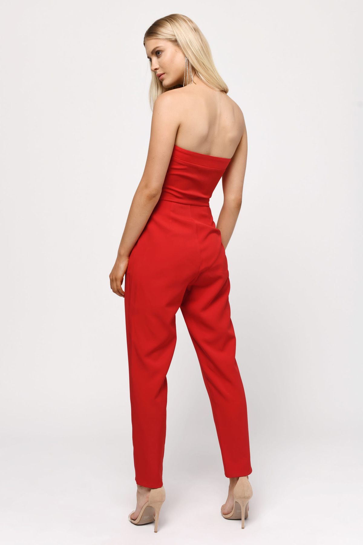 red strapless jumpsuit