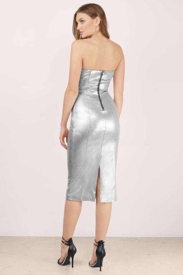 Trendy Silver Midi Dress - Silver Dress - V Neck Dress - Midi Dress ...