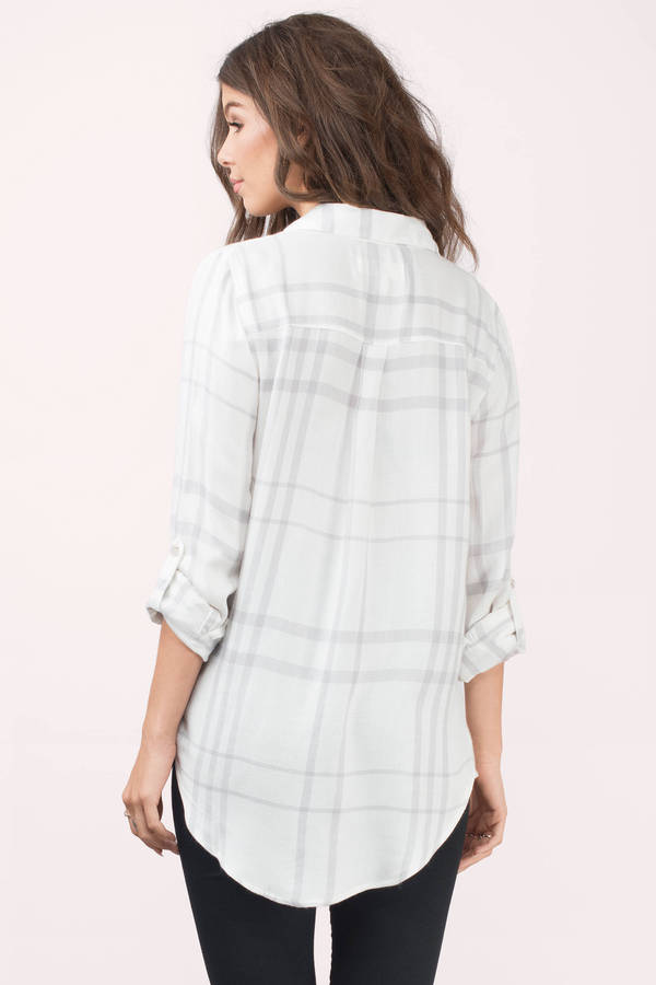 white shirt with plaid sleeves