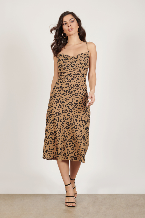 tan leopard print cowl neck frill split midi dress