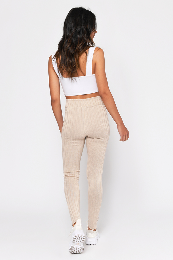Taupe Ribbed High Waisted Leggings, Trousers