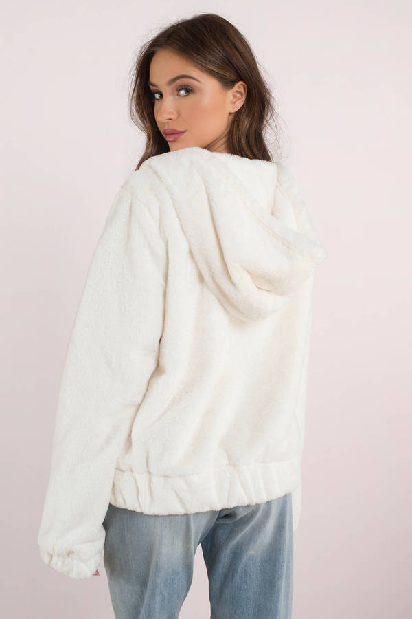 white faux fur hoodie