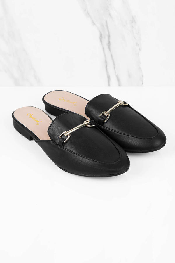 Black Flats - Round Toe Buckled Shoes - Black Slide On Mules - $25 ...