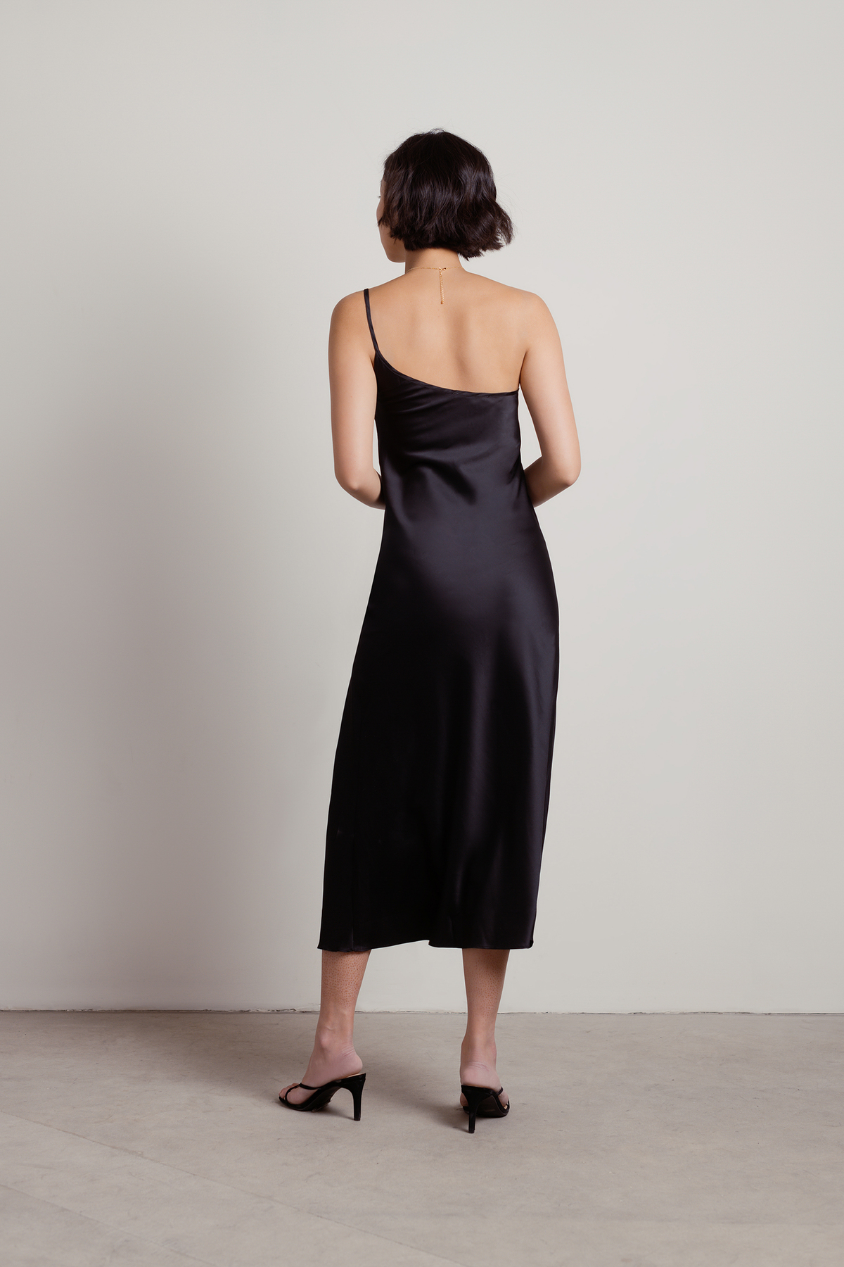 Renata Satin One Shoulder Side Slit Midi Dress in Black - $64 | Tobi US