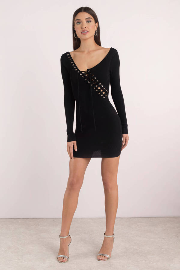 Side Swept Lace Up Bodycon Dress in Black - $27 | Tobi US