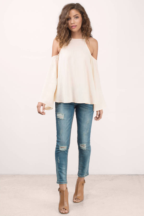 Cream Blouse - Lace Up Blouse - Long Sleeve Blouse - Cream Top - $21 ...