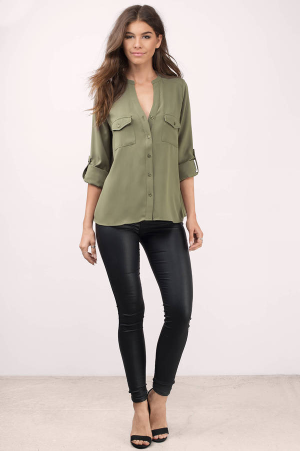 Cute Olive Blouse - Green Blouse - Button Down Blouse - Olive Blouse ...