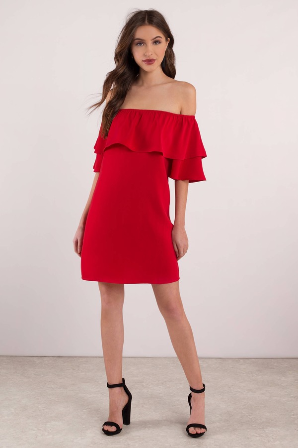 Trendy Red Shift Dress - Off Shoulder Dress - Red Fold Over Dress - $33 ...