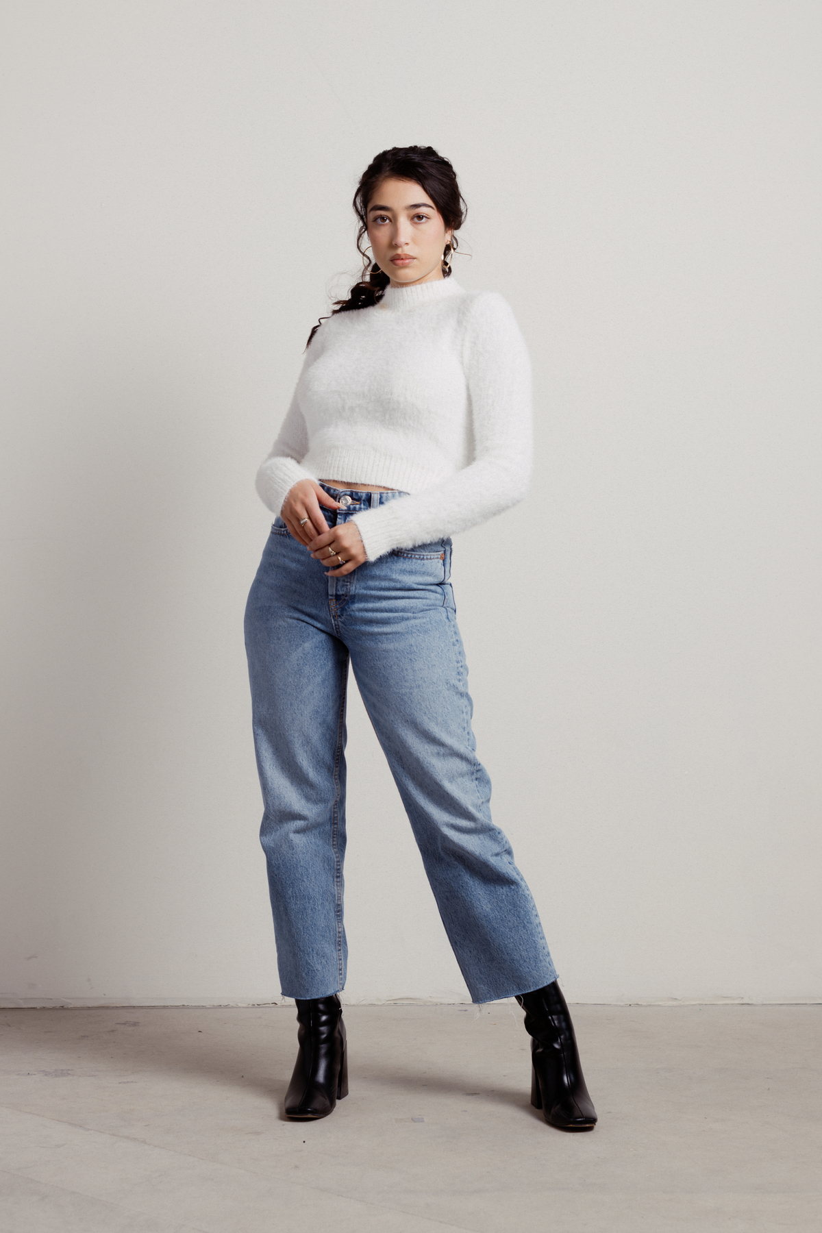 Download Aida Fuzzy Mock Neck Tie Back Crop Sweater in White - $32 ...