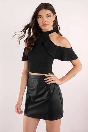 Black Crop Top - Cold Shoulder Top - Half Shoulder Tops - $48