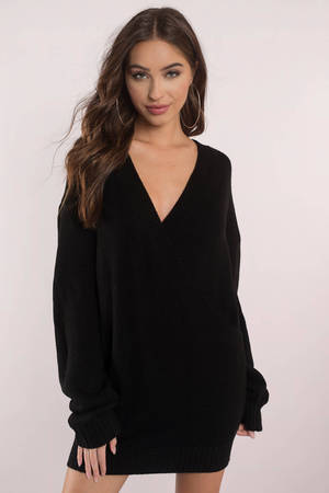 Cute Black Dress - Deep V - Black Oversized Sweater - $88 | Tobi US