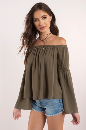 olive green off the shoulder shirt