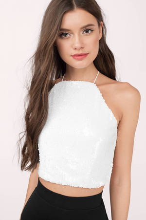 White Top Open Back Top Sleeveless Sequin Top White Crop Top