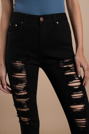 high waisted black distressed skinny jeans