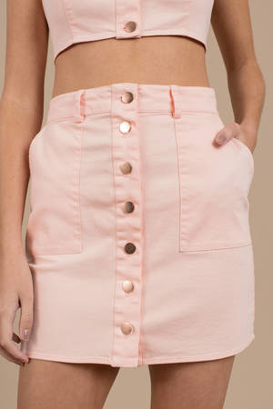 blush pink denim skirt