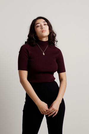 burgundy mock neck top